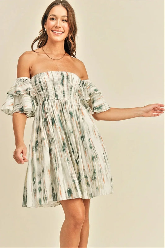 Green Orange Abstract Print Off Shoulder Ruffle Sleeve Smocked Mini Dress - Tasha Apparel Wholesale