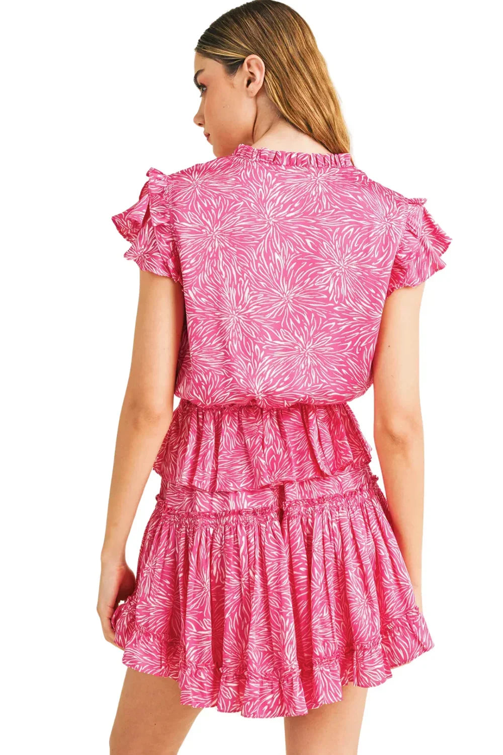 Silky Abstract Burst Print Ruffle Tiered Mini Dress with Keyhole Neck - Tasha Apparel Wholesale