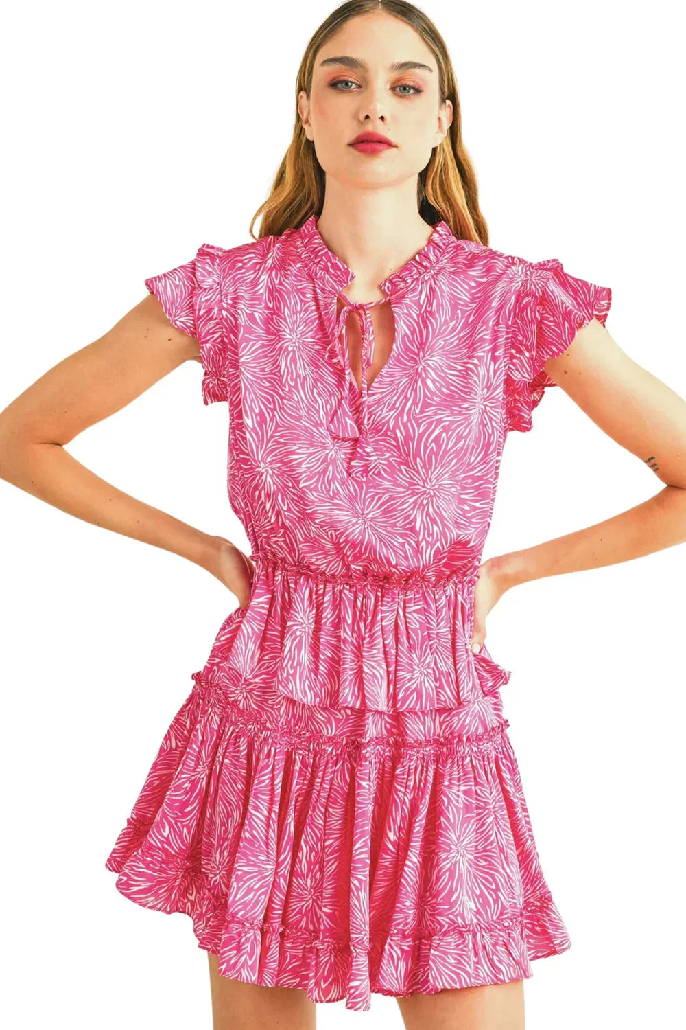 Silky Abstract Burst Print Ruffle Tiered Mini Dress with Keyhole Neck - Tasha Apparel Wholesale