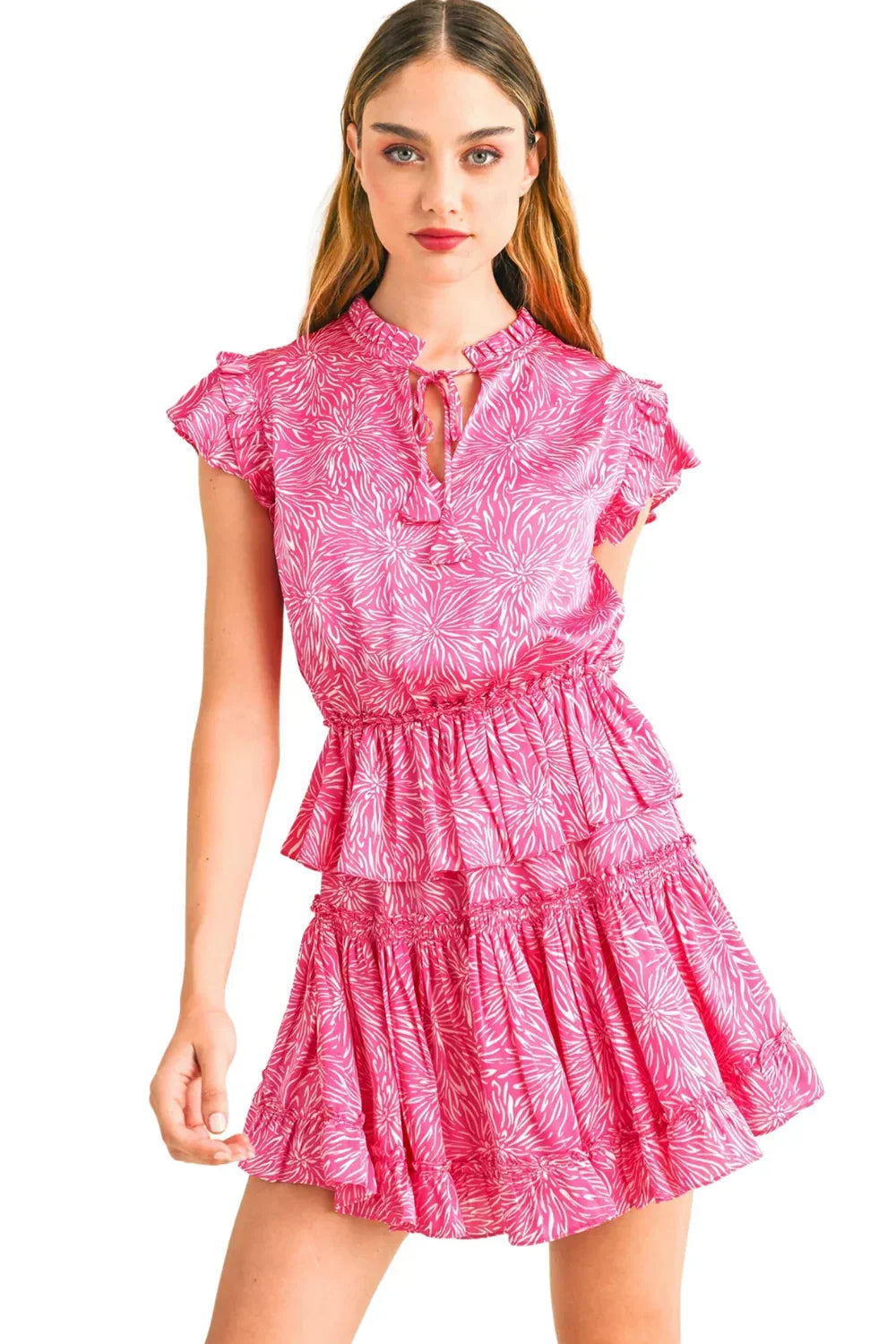 Silky Abstract Burst Print Ruffle Tiered Mini Dress with Keyhole Neck - Tasha Apparel Wholesale
