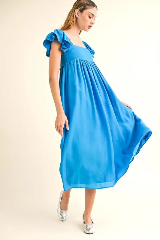 Bright Blue Flutter Sleeve Square Neck Smocked Midi Dress - Tasha Apparel Wholesale