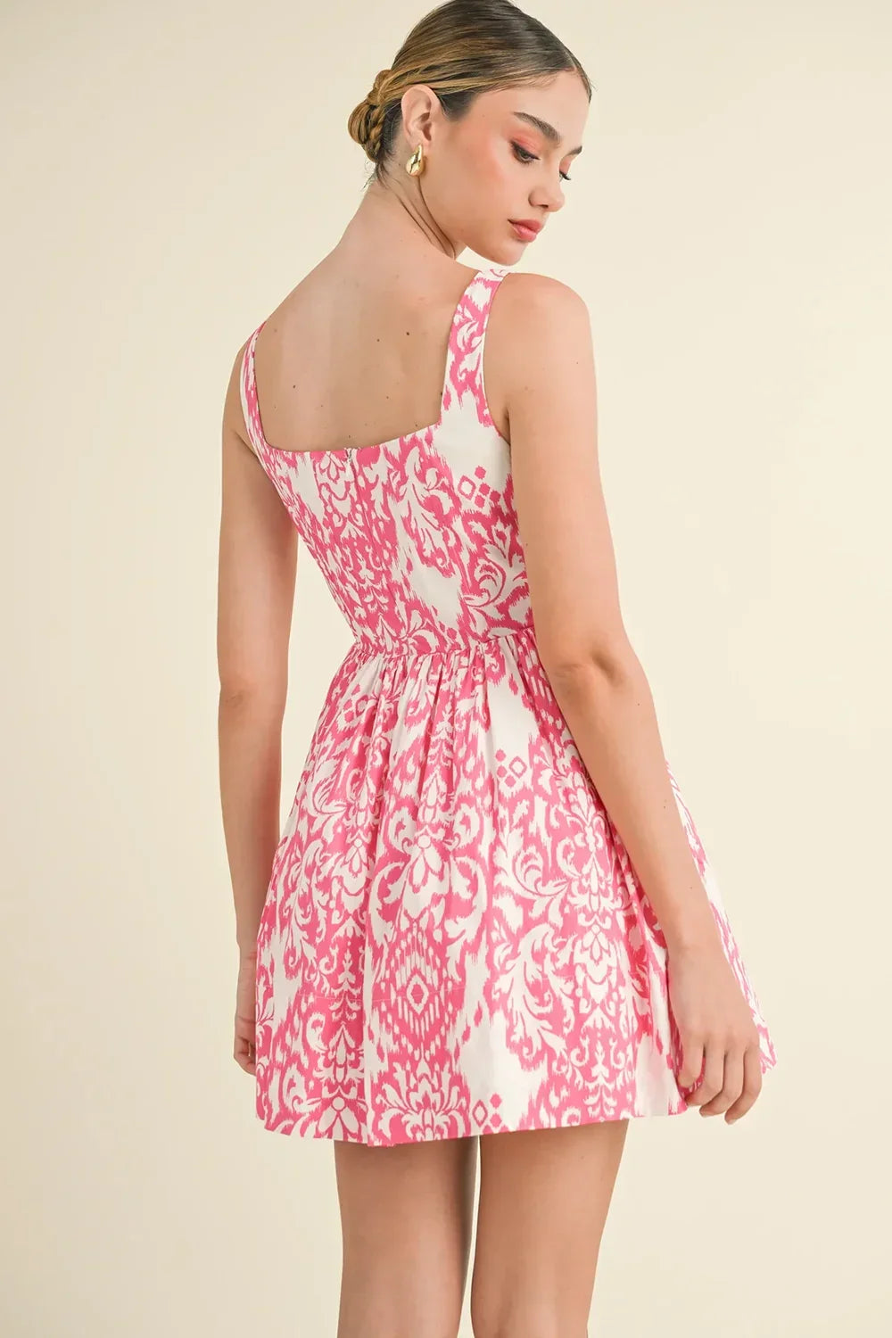 Pink Ikat Print Smocked Corset Full Skirt Summer Mini Dress - Tasha Apparel Wholesale