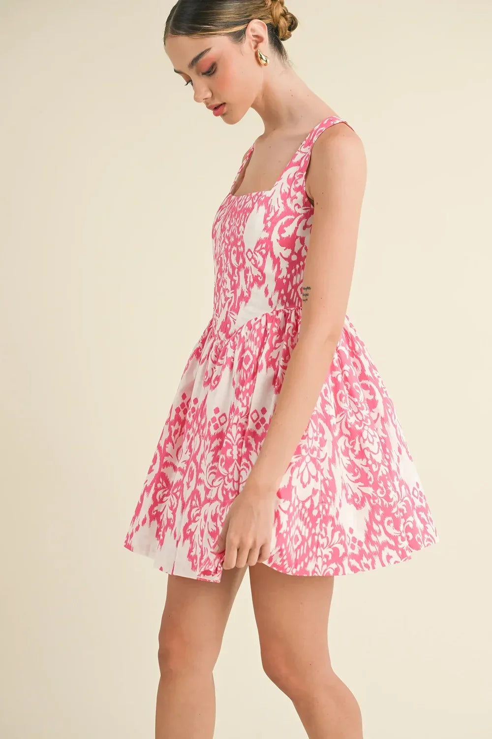 Pink Ikat Print Smocked Corset Full Skirt Summer Mini Dress - Tasha Apparel Wholesale