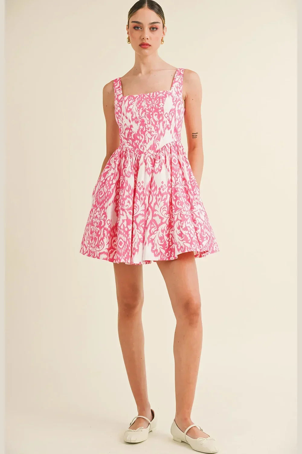 Pink Ikat Print Smocked Corset Full Skirt Summer Mini Dress - Tasha Apparel Wholesale