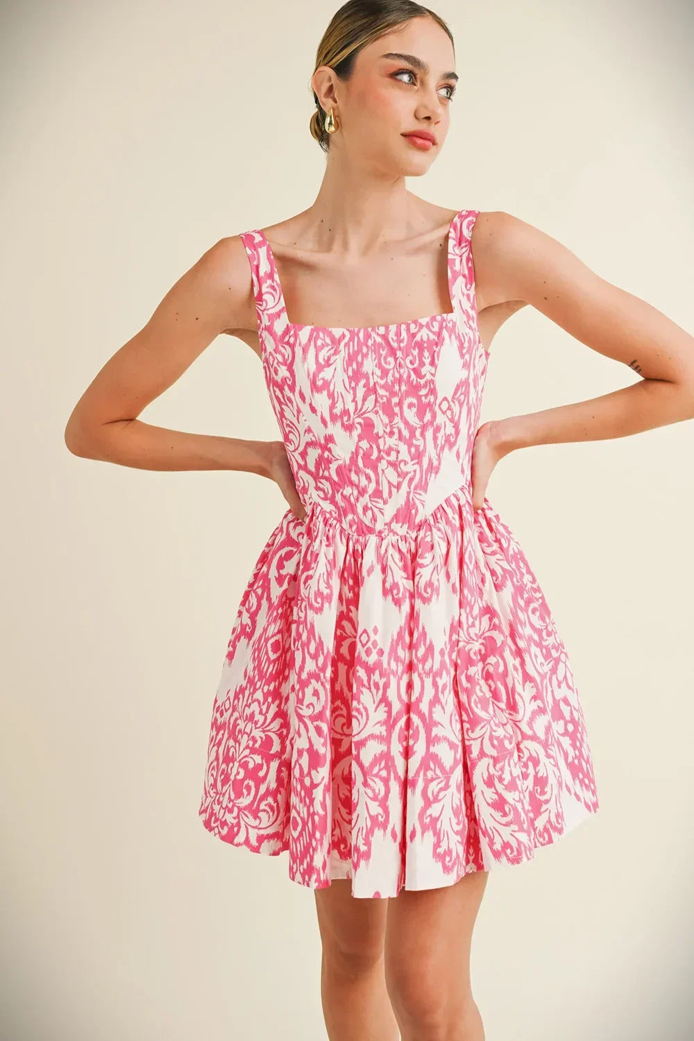 Pink Ikat Print Smocked Corset Full Skirt Summer Mini Dress - Tasha Apparel Wholesale