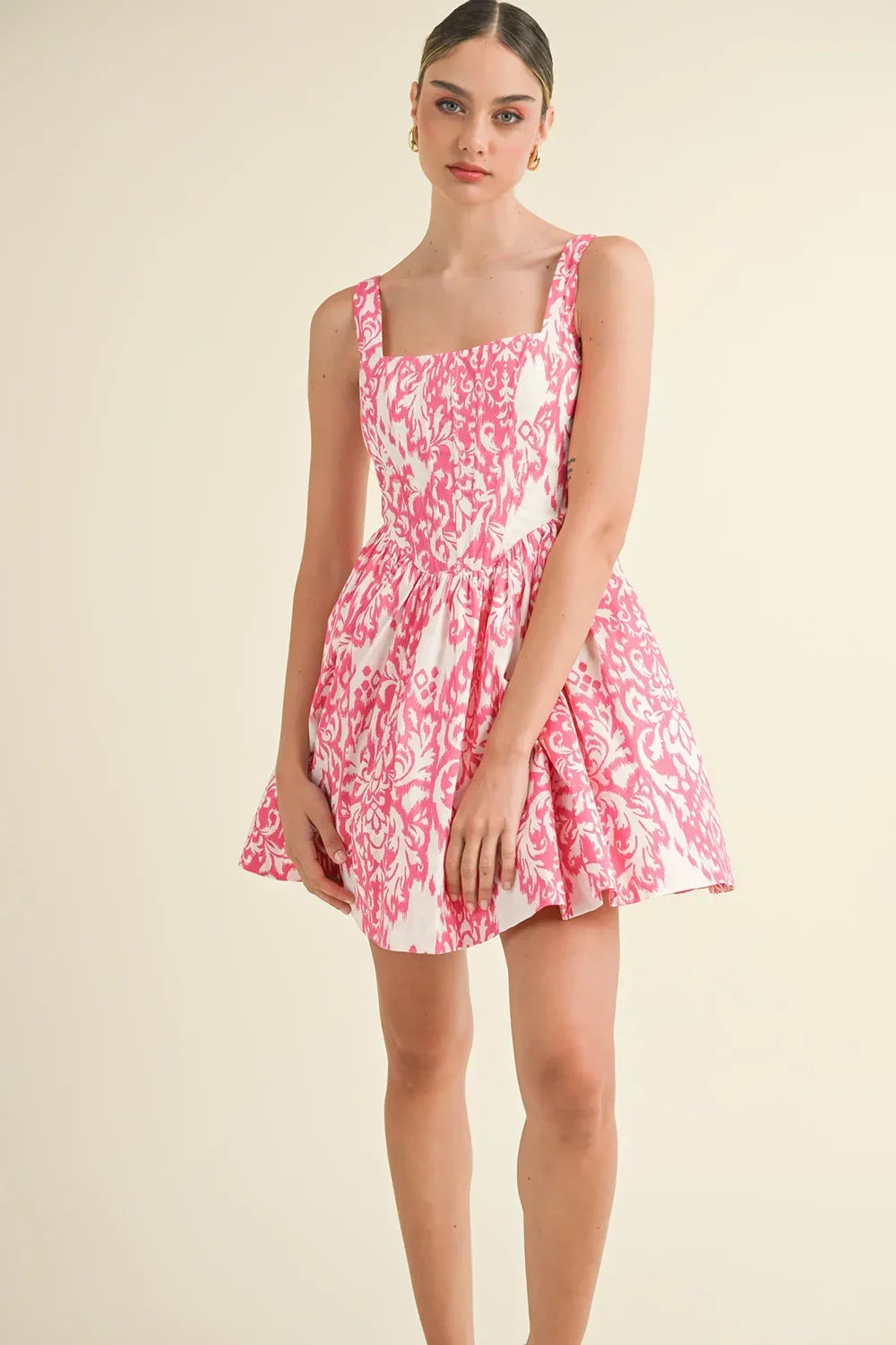 Pink Ikat Print Smocked Corset Full Skirt Summer Mini Dress - Tasha Apparel Wholesale