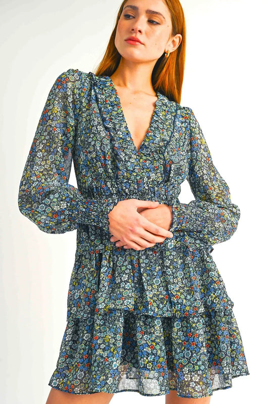 Navy Floral Print Wrap Mini Dress with Long Sleeves and Tiered Ruffle Hem Fall Dress - Tasha Apparel Wholesale