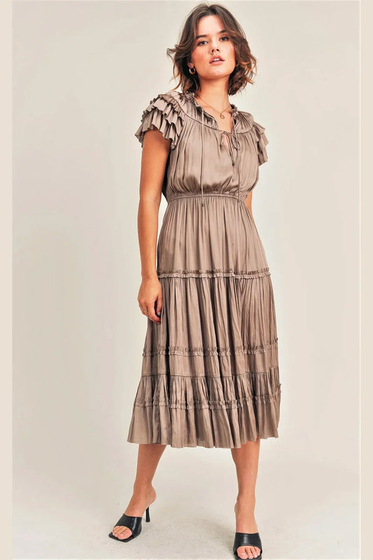 Ruffle Tier Short Sleeve Tie Front Elastic Waist Boho Midi Kianna Dress - Tasha Apparel Wholesale