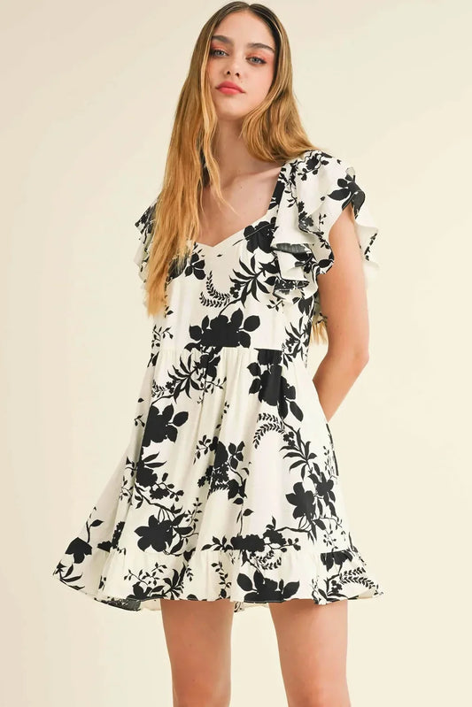 Black White Floral Print Flutter Sleeve V Neck and Tiered Hem Summer Mini Dress - Tasha Apparel Wholesale