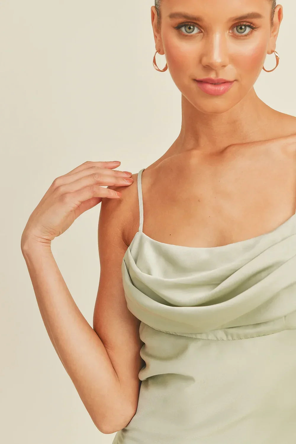 Luxurious Satin Cowl Neck Spaghetti Strap Side Slit Bodycon Midi Slip Luxurious Satin Cowl Neck Spaghetti Strap Side Slit Bodycon Midi Slip