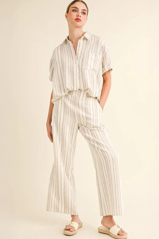 Linen Striped Button Down Short Sleeve Shirt and Wide Leg Pants Two Piece Set - Tasha Apparel Wholesale