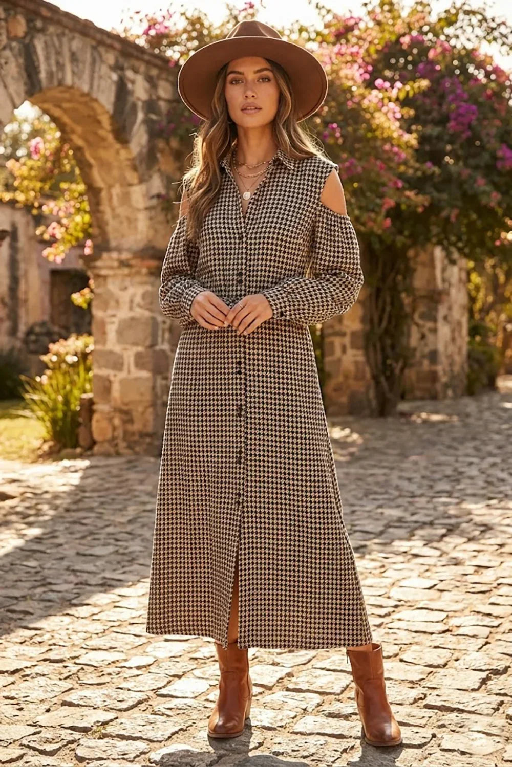 Houndstooth Print with Belt Cold Shoulder Long Sleeve Midi Maxi Shirt Dress