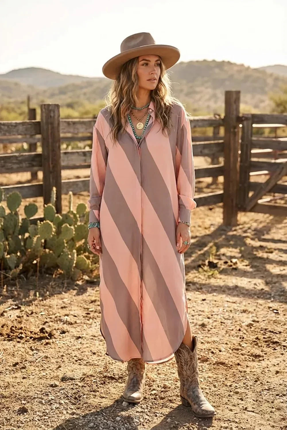 Striped Button Down Long Sleeve Collared Flowy Boutique Maxi Shirt Dress - Tasha Apparel Wholesale