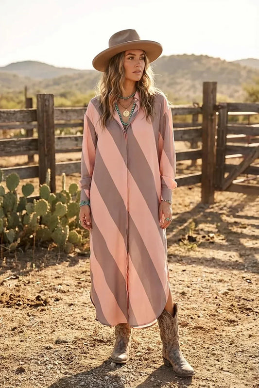 Striped Button Down Long Sleeve Collared Flowy Boutique Maxi Shirt Dress - Tasha Apparel Wholesale