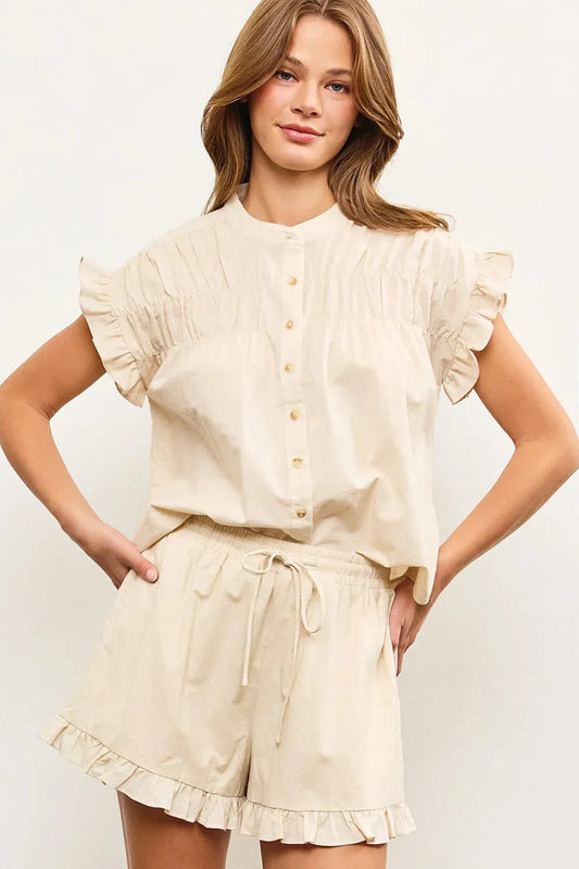 Ruffled Flutter Sleeve Smocked Detail Button-Down Shirt Top - Tasha Apparel Wholesale