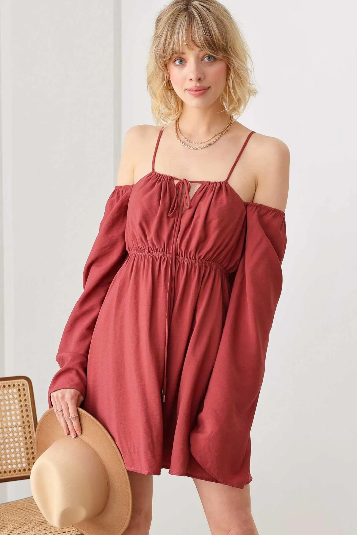 Boho Drawstring Halter Neck Smocked Bust Long Puff Sleeve Dress Avocado Oil / S-M-L/3-2-1
