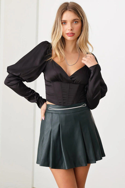 Faux Leather Front Chain Embellished Belt Pleated Skort - Tasha Apparel Wholesale