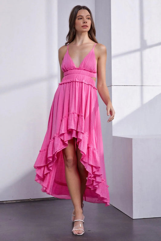 Asymmetric Ruffle Bottom Hem Open Back Cutout Dress - Tasha Apparel Wholesale