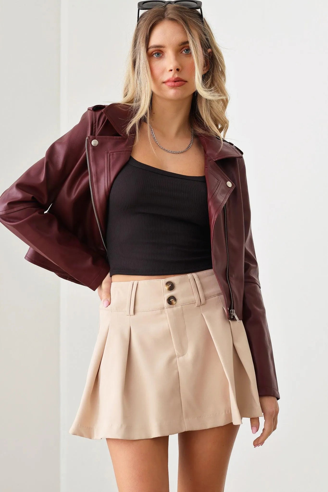 Faux Leather Collar Plain Zipper Biker Jacket - Tasha Apparel Wholesale