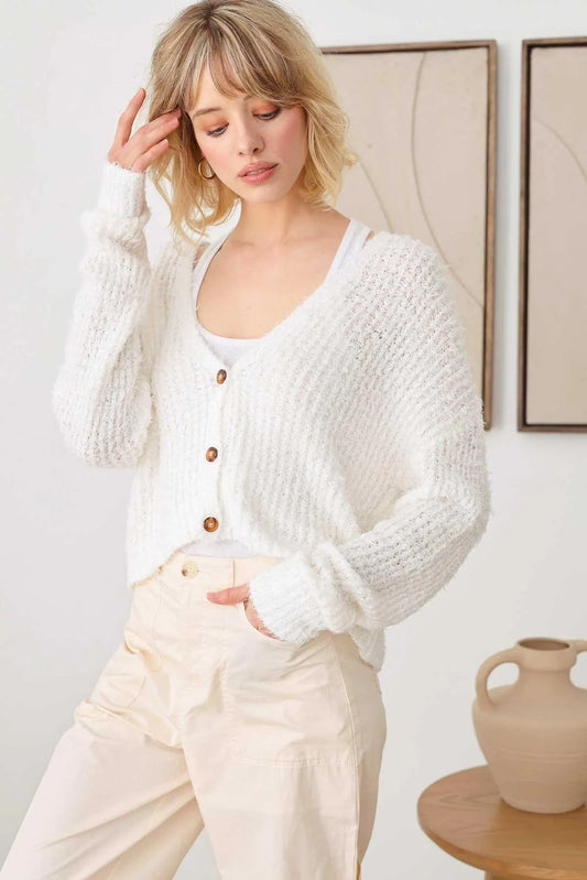 Fuzzy Button Up Long Sleeve Crop Cardigan Top - Tasha Apparel Wholesale