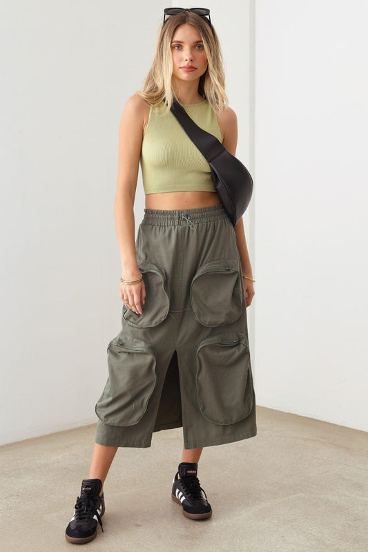 Bungee Cord Detail Four Front Pocket Leg Slit Cargo Midi Skirt - Tasha Apparel Wholesale