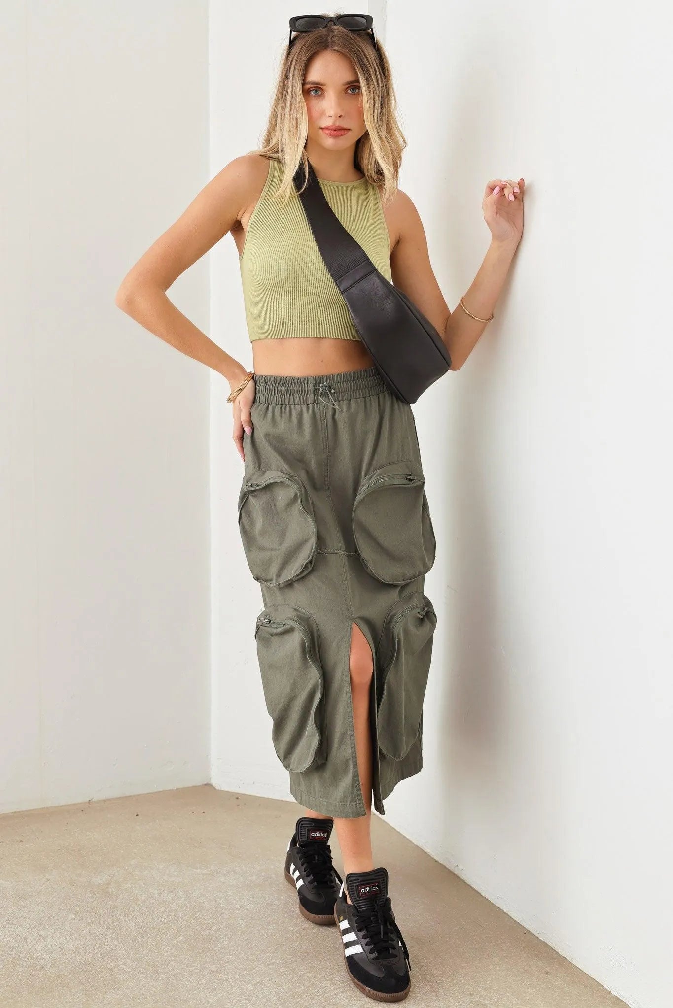 Bungee Cord Detail Four Front Pocket Leg Slit Cargo Midi Skirt - Tasha Apparel Wholesale