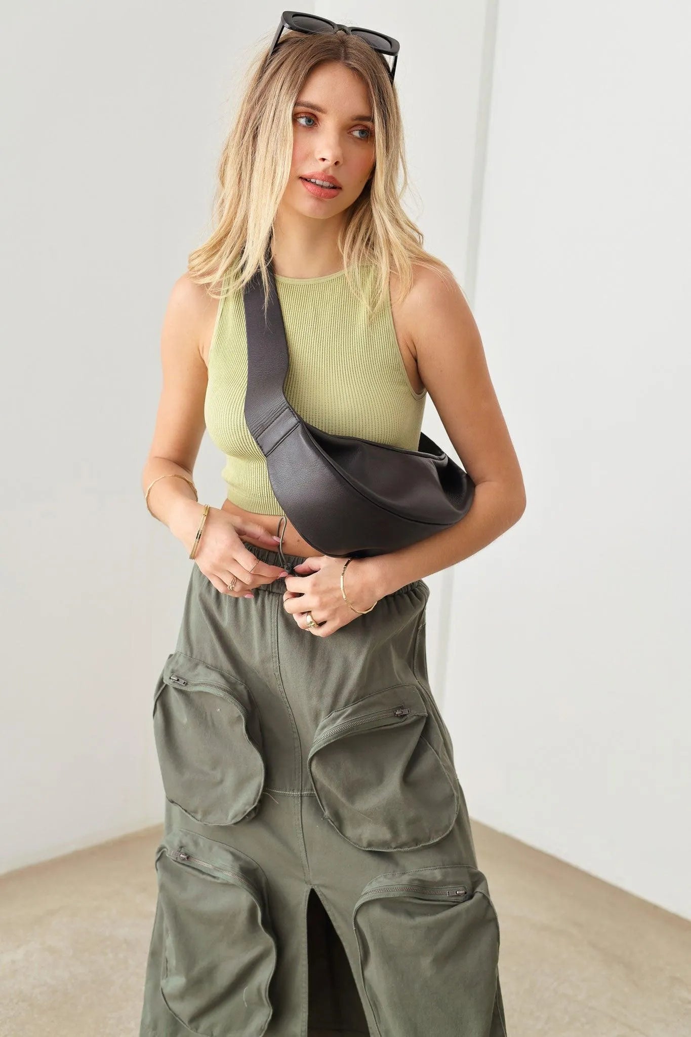 Bungee Cord Detail Four Front Pocket Leg Slit Cargo Midi Skirt - Tasha Apparel Wholesale