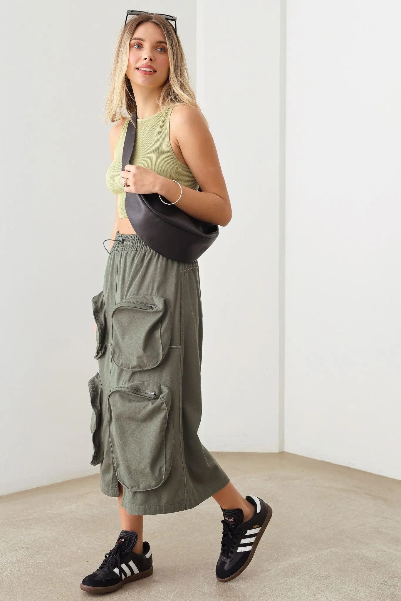 Bungee Cord Detail Four Front Pocket Leg Slit Cargo Midi Skirt - Tasha Apparel Wholesale