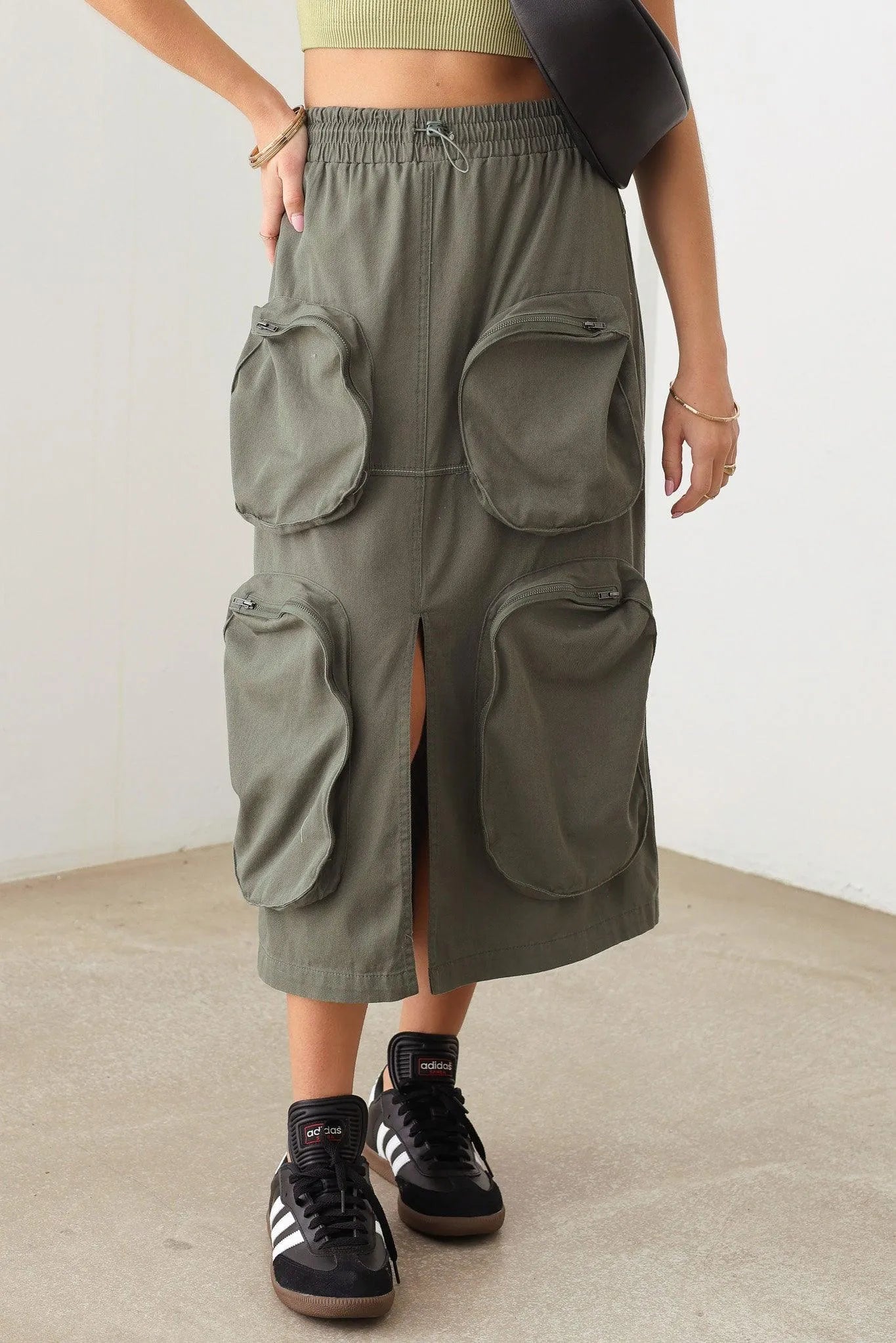 Bungee Cord Detail Four Front Pocket Leg Slit Cargo Midi Skirt - Tasha Apparel Wholesale