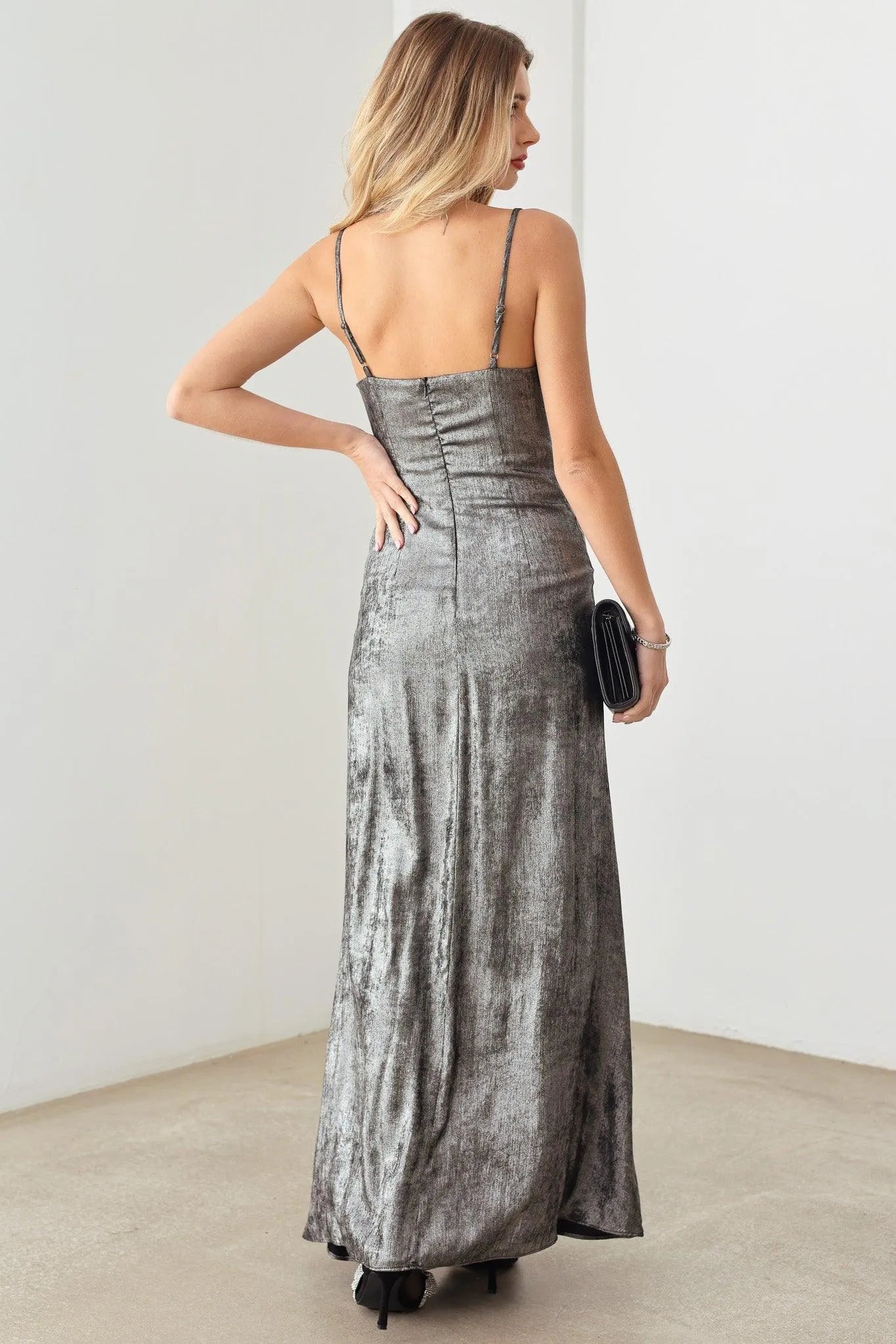 Metallic Cowl Neck Adjustable Strap Slip Maxi Dress - Tasha Apparel Wholesale