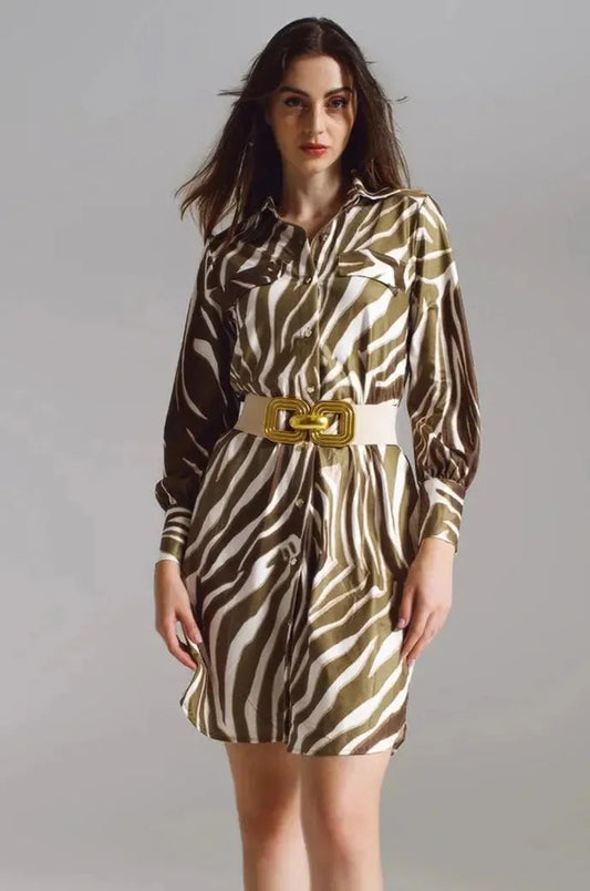 Sage Zebra Print Animal Print Long Sleeve Mini Dress - Tasha Apparel Wholesale