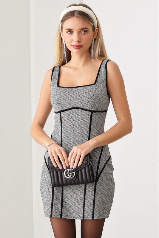 Sparkle Tweed Binding Detail Square Neckline Sleeveless Mini Dress - Tasha Apparel Wholesale