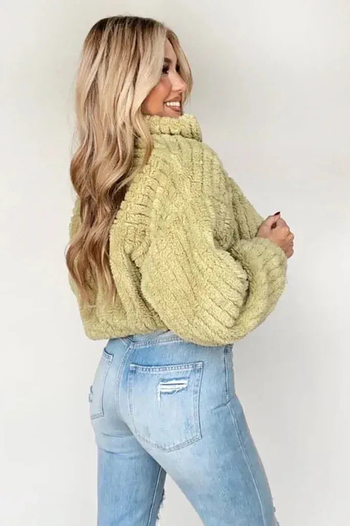 Long Sleeve Zip Up High Collar Cropped Fleece Jacket - Tasha Apparel Wholesale