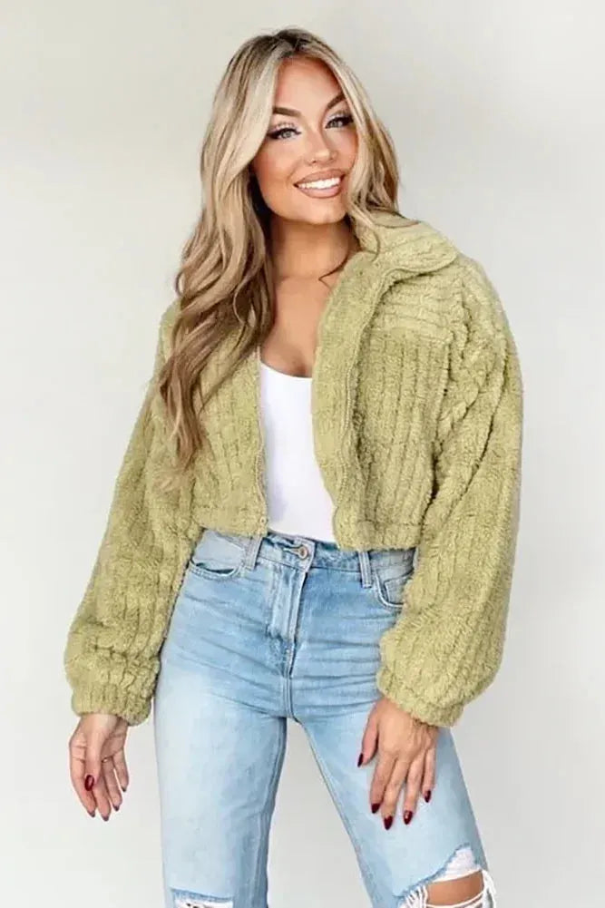 Long Sleeve Zip Up High Collar Cropped Fleece Jacket - Tasha Apparel Wholesale