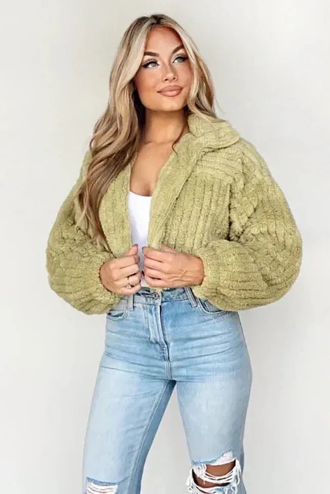 Long Sleeve Zip Up High Collar Cropped Fleece Jacket - Tasha Apparel Wholesale