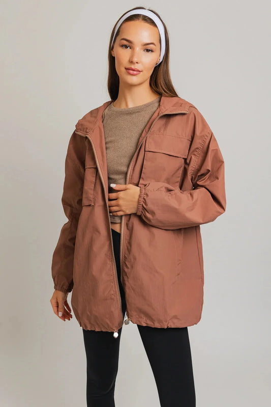 Oversized Front Pocket Drawstring Nylon Windbreaker - Tasha Apparel Wholesale