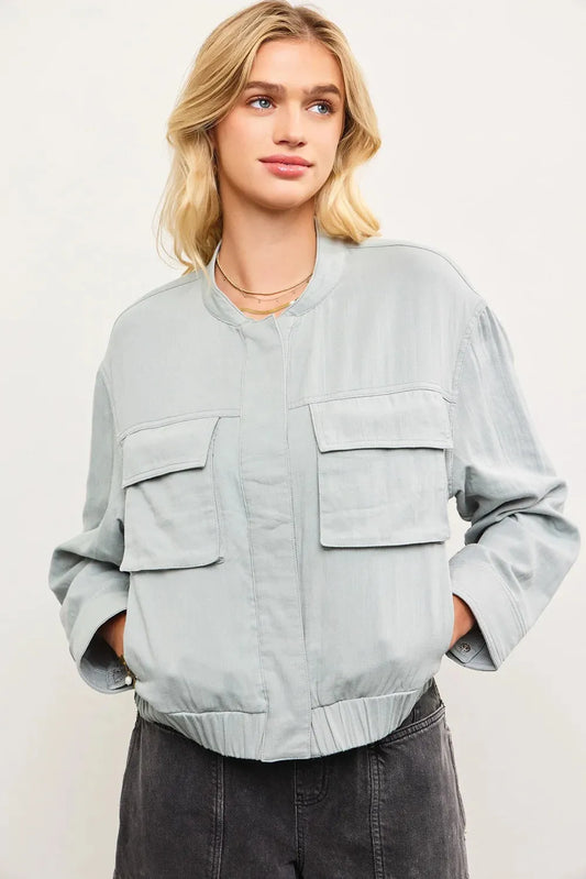 Chic Lightweight Soft Utility Pocket Elastic Hem Bomber Jacket - Tasha Apparel Wholesale