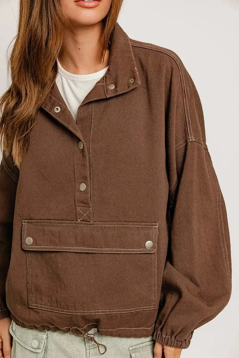 Cotton Front Pocket Denim Oversized Pullover Jacket - Tasha Apparel Wholesale