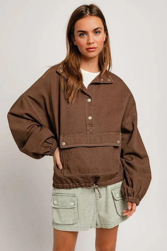 Cotton Front Pocket Denim Oversized Pullover Jacket - Tasha Apparel Wholesale