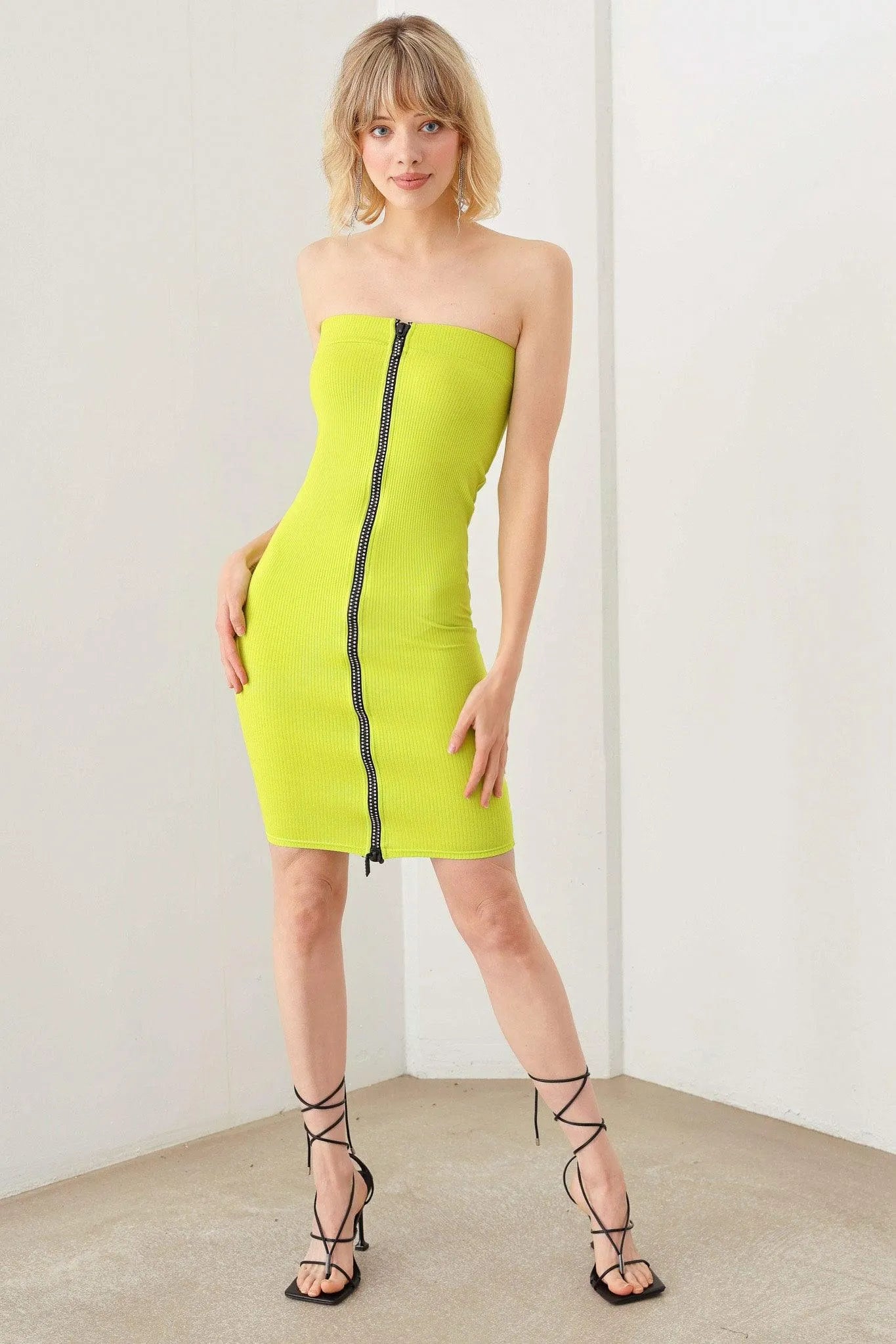 Ribbed Strapless Bodycon Front Rhinestone Zipper Closure Midi Dress - Tasha Apparel Wholesale