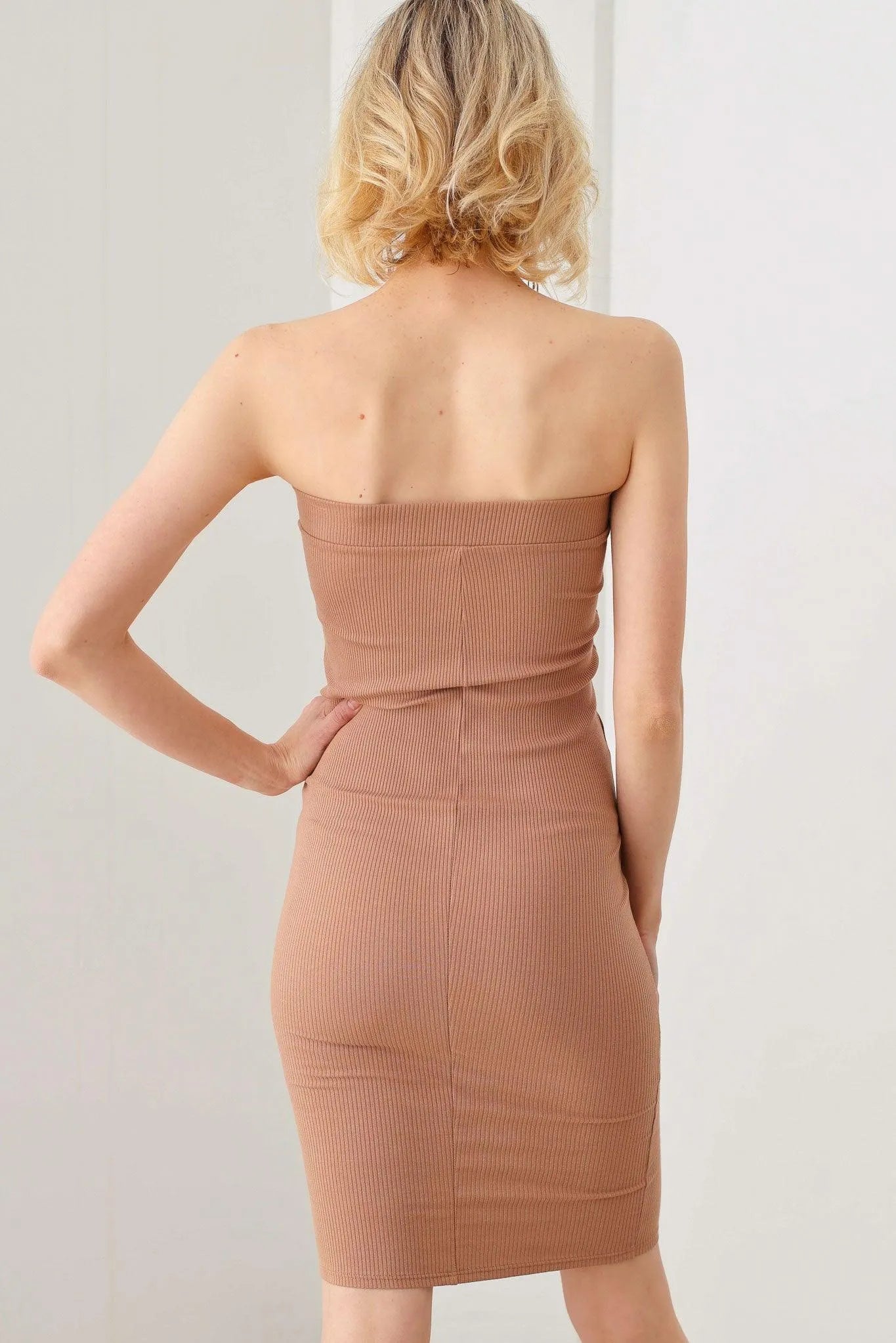 Ribbed Strapless Bodycon Front Rhinestone Zipper Closure Midi Dress - Tasha Apparel Wholesale