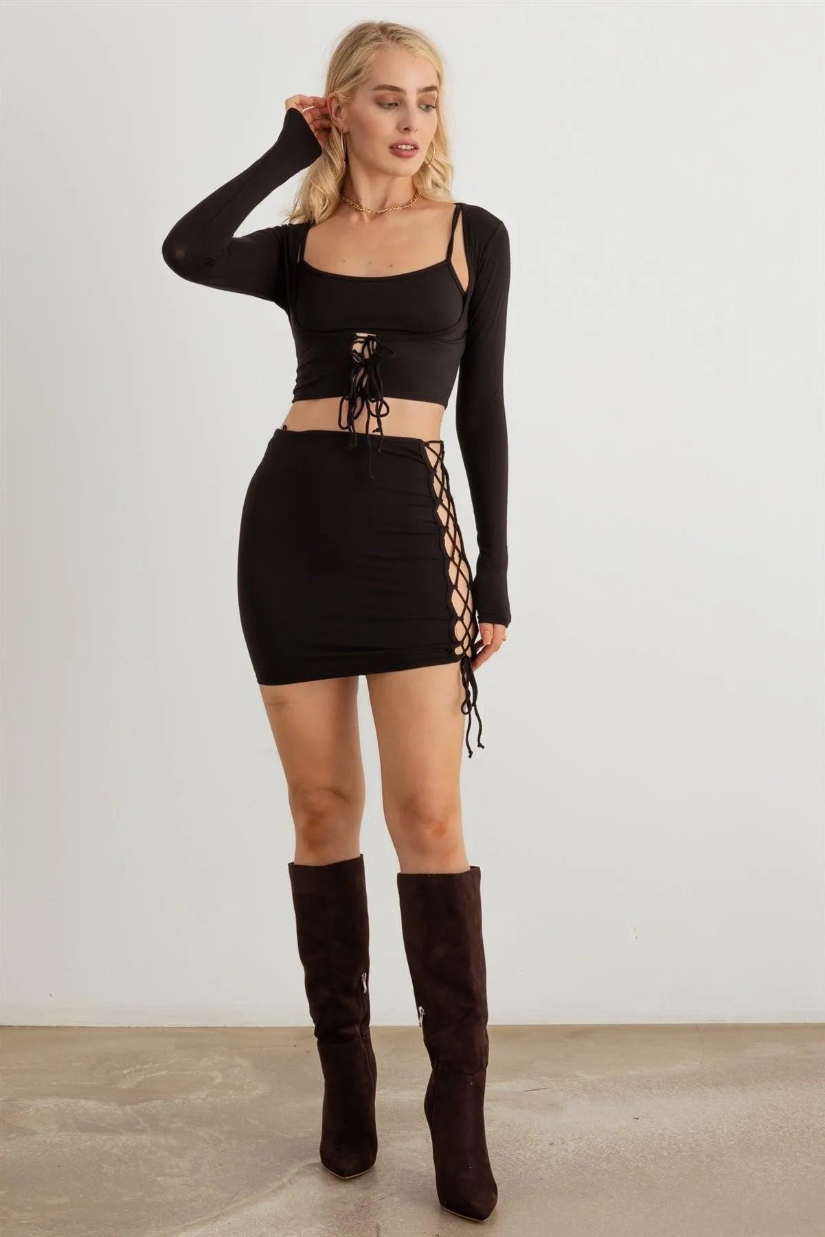 Long Sleeve Crop Top & Side Tie Mini Skirt Set - Tasha Apparel Wholesale