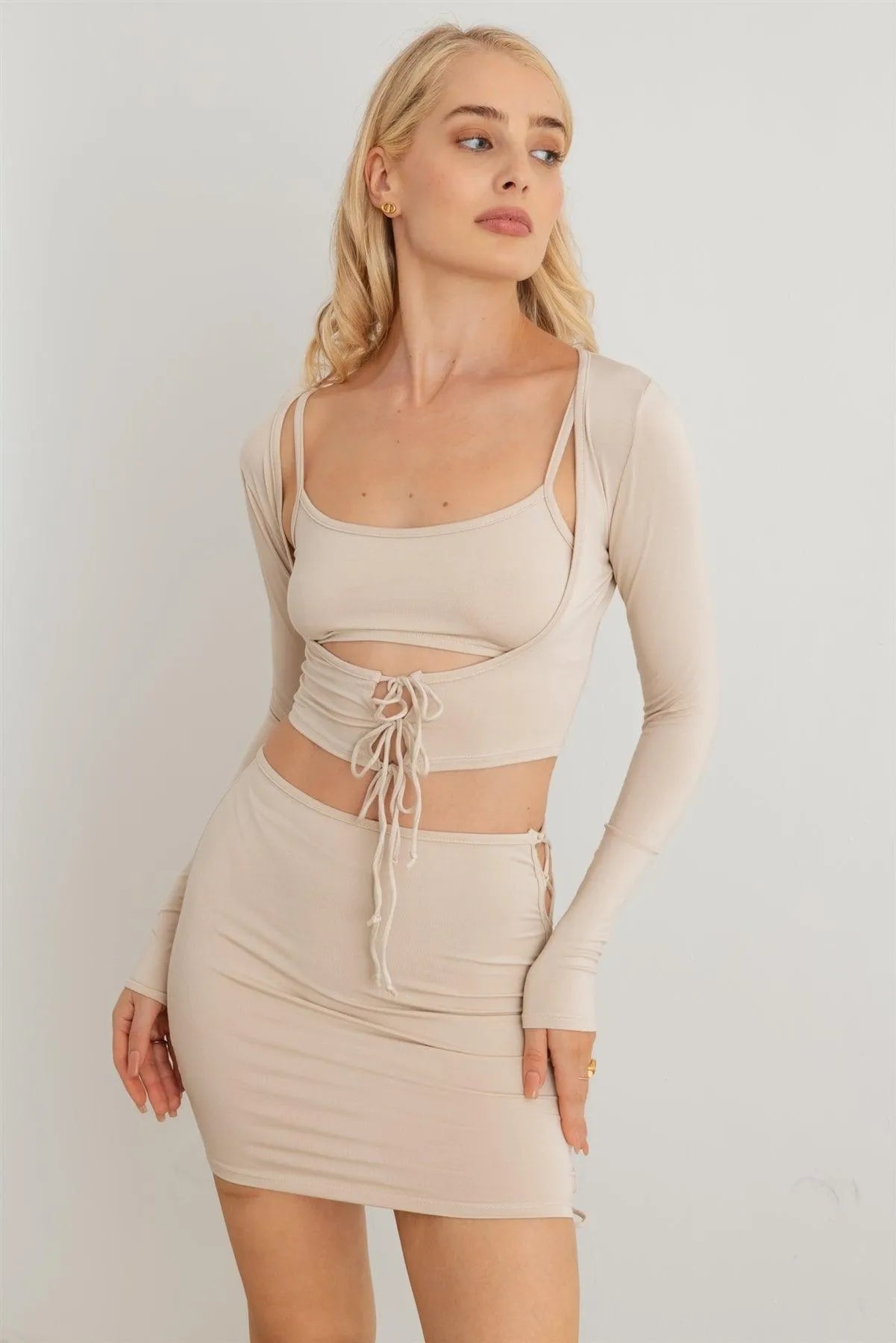 Long Sleeve Crop Top & Side Tie Mini Skirt Set - Tasha Apparel Wholesale