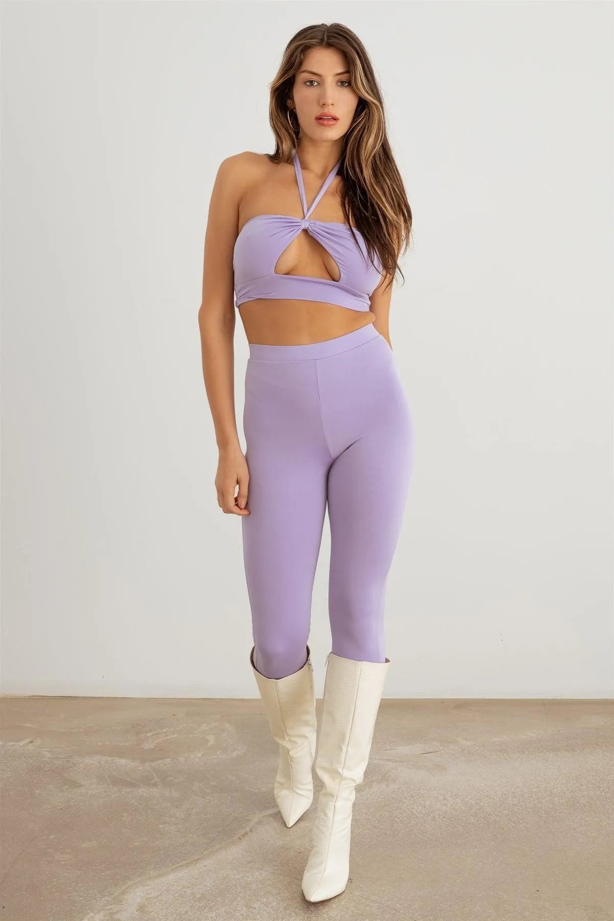 Cut-Out Halter Neck Crop Top & High Waist Stretchy Set - Tasha Apparel Wholesale