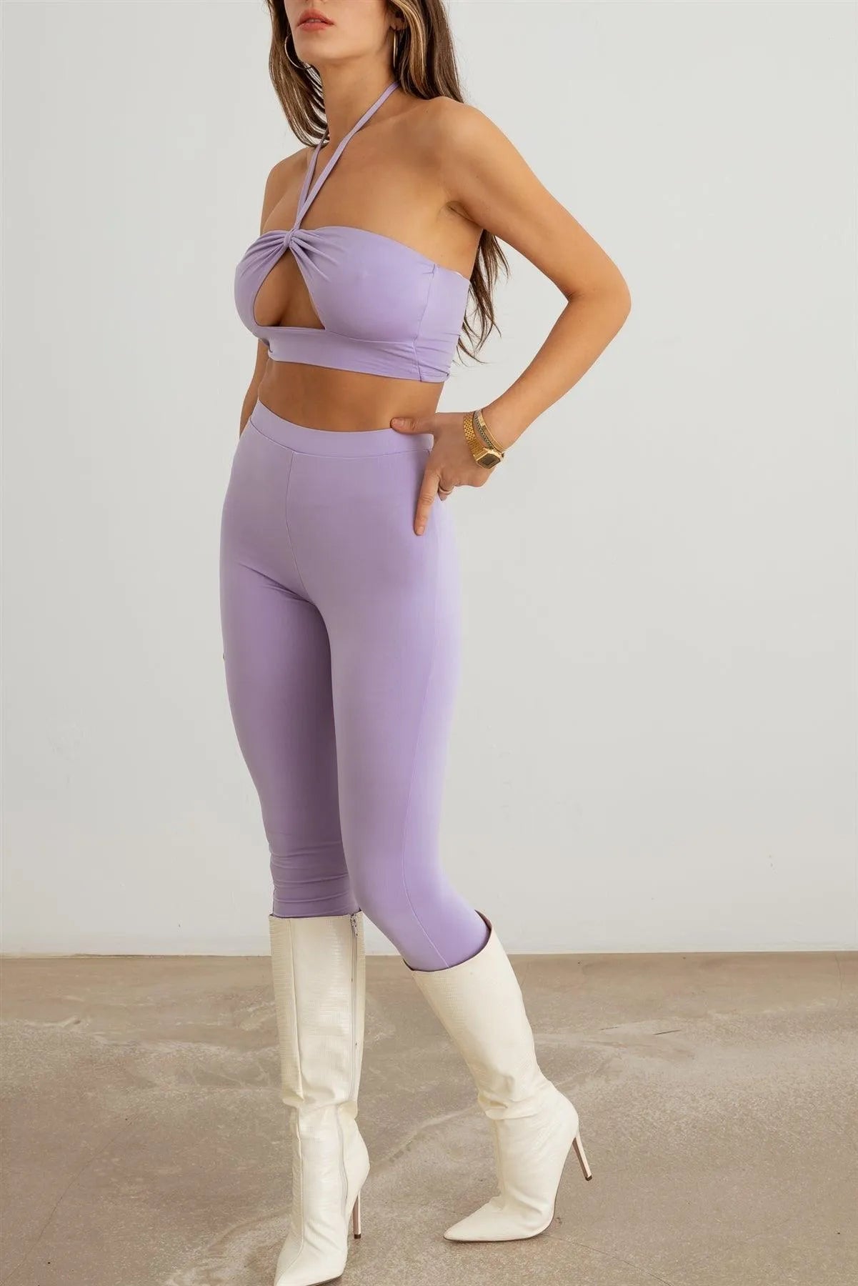 Cut-Out Halter Neck Crop Top & High Waist Stretchy Set - Tasha Apparel Wholesale