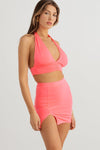 Neon Pink Ruched Halter V-Neck Crop Top & High Waist Mini Skirt Set /2-2-2