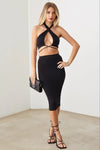 Halter Crop Bra Front Tie Closure Top & Midi Bodycon Elastic Waist Skirt Set - Tasha Apparel Wholesale