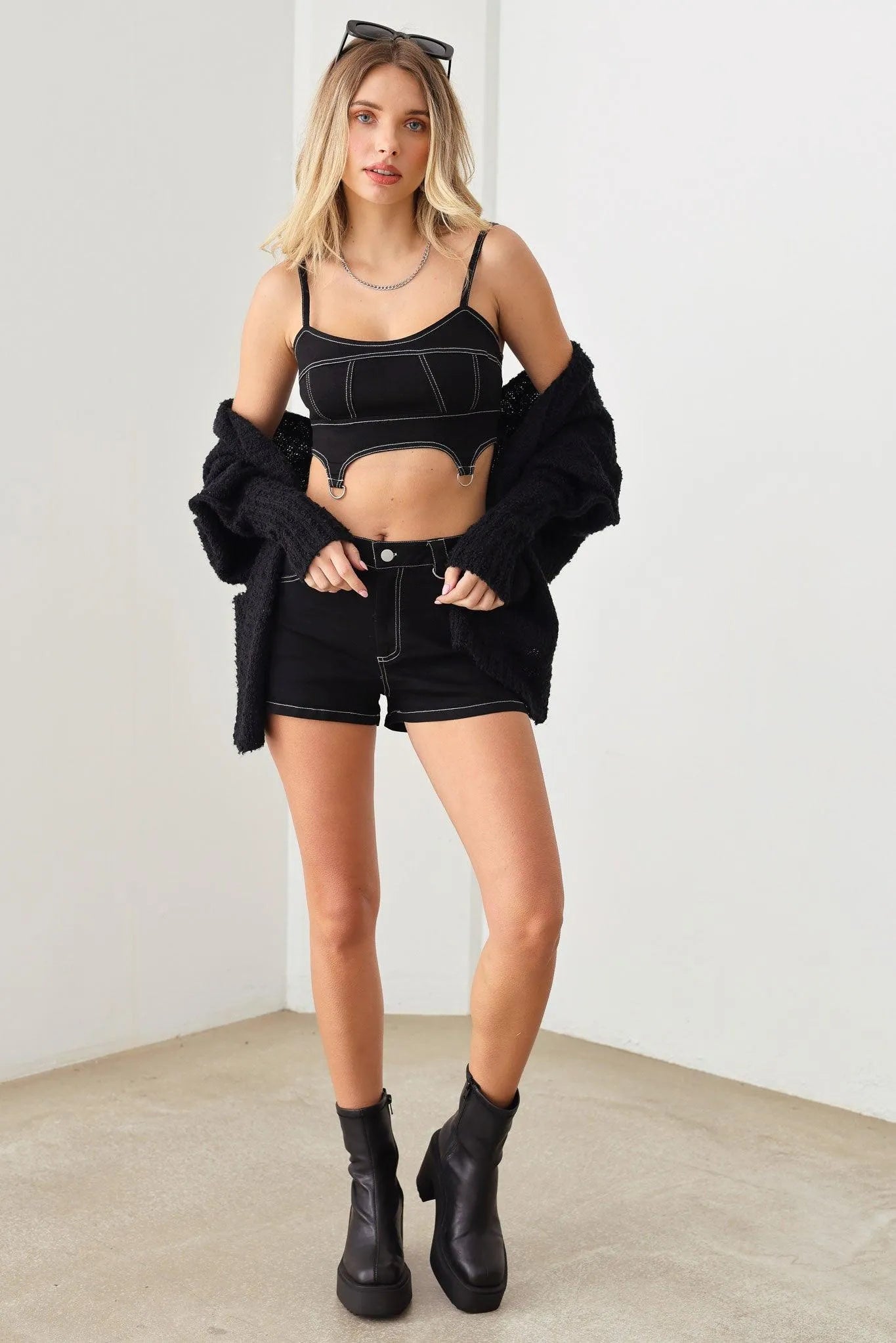 Black Stitching Crop Top & Stretchy Short Denim Set - Tasha Apparel Wholesale