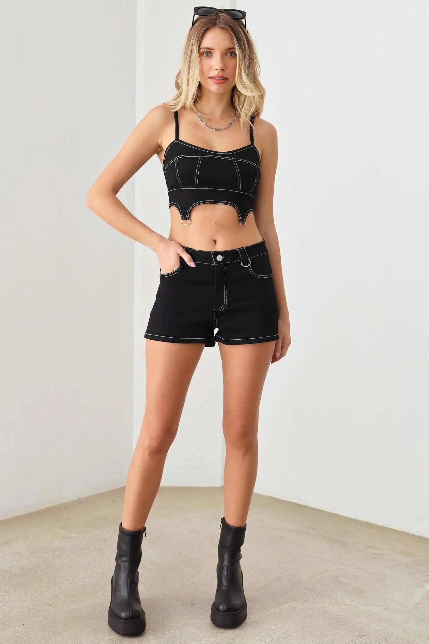 Black Stitching Crop Top & Stretchy Short Denim Set - Tasha Apparel Wholesale