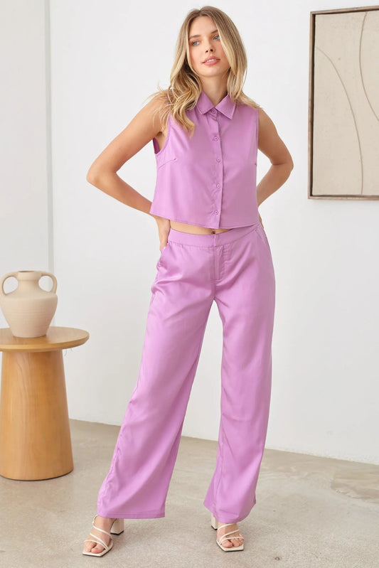 Satin Sleeveless Crop Shirt & Straight Leg Mid Waist Pants Set - Tasha Apparel Wholesale